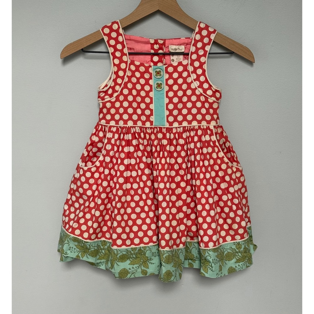 Matilda Jane Girls Red Polka Dot Floral Hem Dress Sleeveless Pockets Size 6